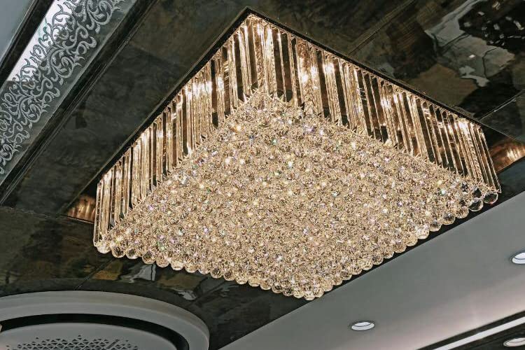 Image of Sanleen Enterprises Rectangular Crystal Chandelier Ceiling Light 24x36 Inch | Modern LED Flush Mount Ceiling Lamp for Living Room, Dining Room, Hall & Home Decor | Luxury Jhoomar