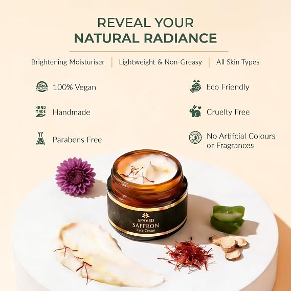 Saffron Face Cream 50g - Anti - Ageing Brightening Moisturiser with Aloe Vera & Licorice for Radiant Skin - Supports Skin Barrier & Youthful, Glowing Complexion - Herbal Day Cream - Vegan