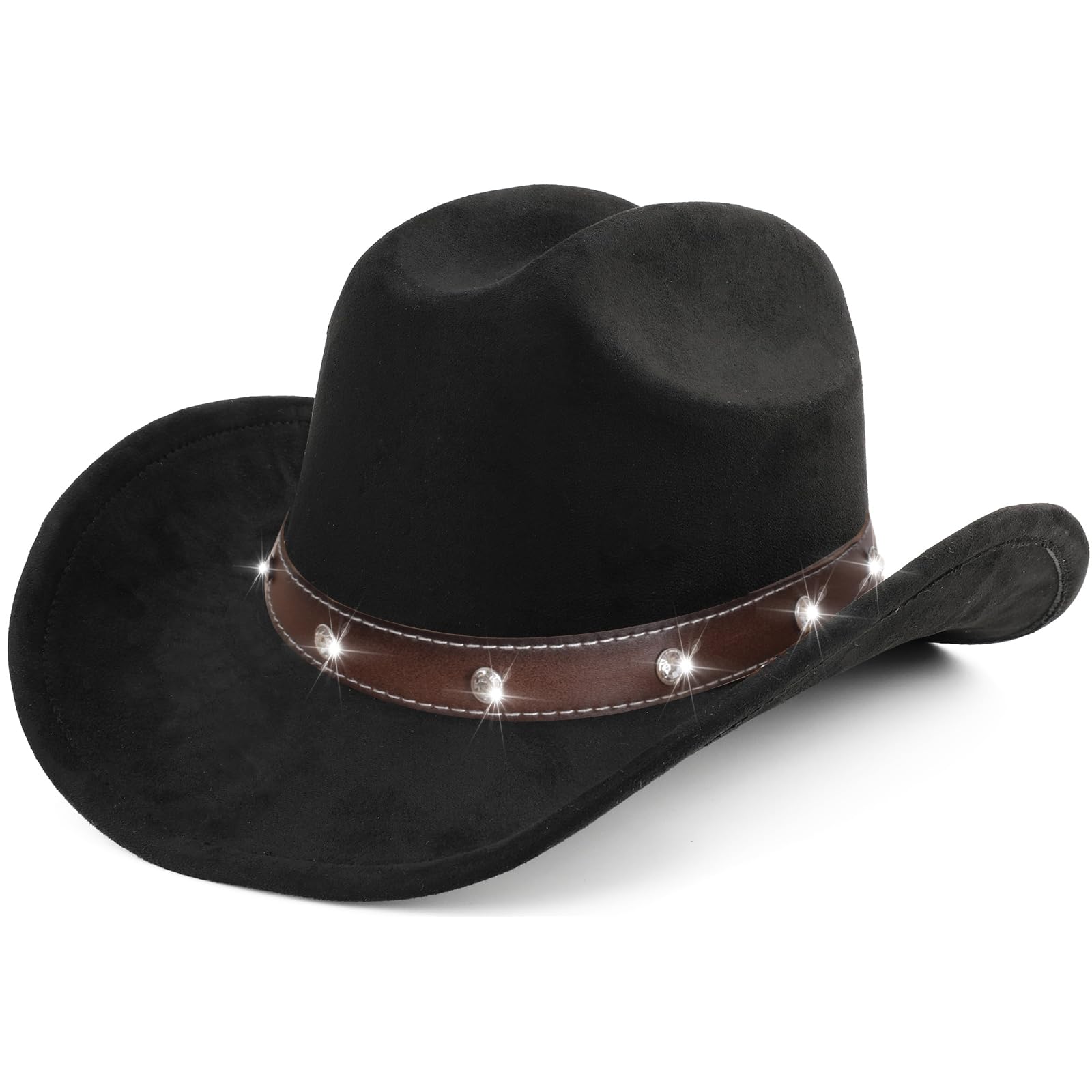 Western Classic Cowboys Hat for Women Teens Girls Small Short Wide Brim Cowgirls Hat Glitter Roll Up Hat Size M-L