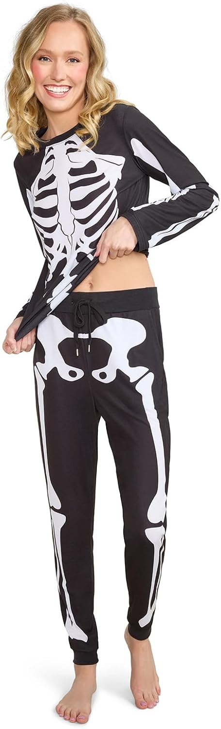 Tipsy Elves Halloween Pajamas for Women - Black PJ Set with Fun Spooky Icons & Long Sleeve Crew Neck