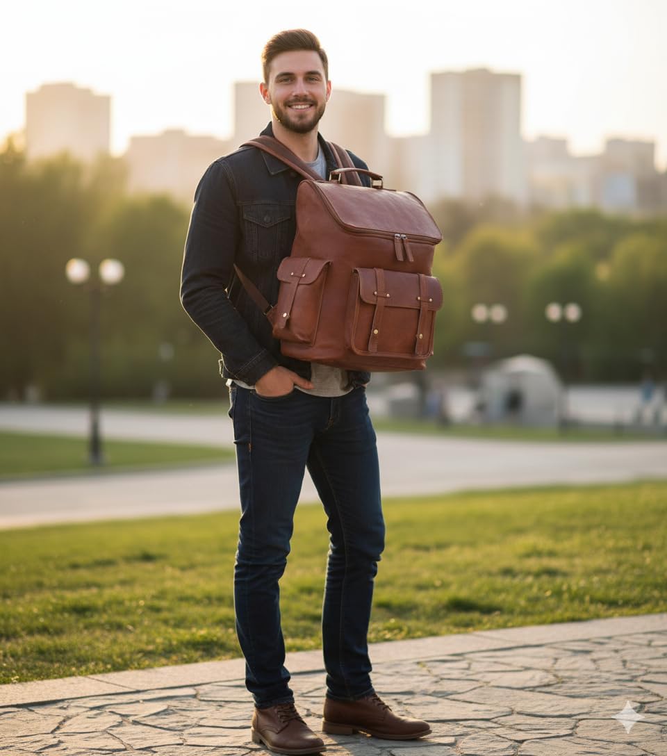 Brown Leather Backpack for Men – 17-inch Genuine Leather Laptop Bag, Vintage Travel Rucksack with Padded Straps, Large Capacity Carry-On for Office, College, Hiking & Airplane Travel - Image 8