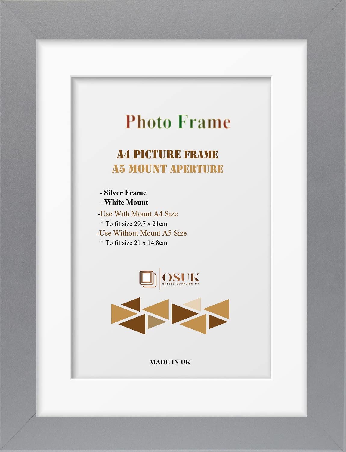 OSUK Silver A4 Frame With A5 Mount Modern Photo Frame With White Mount - Clear Perspex Front & Wall Mounting Poster Frame - A4 Frame With A5 Mount (Silver)