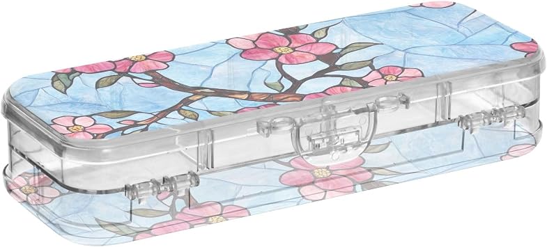 Joisal Stained Glass Flowers Pencil Box Holders for Classroom Preppy Hard Double Layer Pencil Box Clear Plastic for School Teacher 8.3" L x 3" W x 1.9" H
