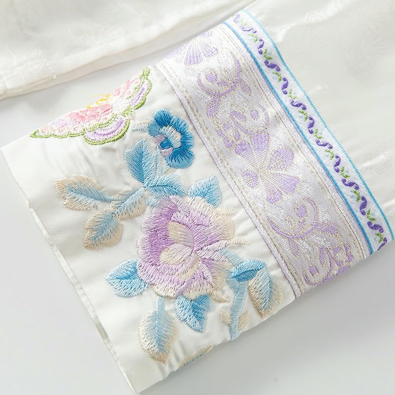 Women's White Silk Jacquard Embroidered Blouse Summer Frog Button National Style Top
