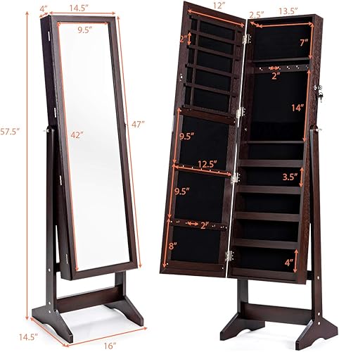 Miniatura 7 de CHARMAID Armario de joyería con espejo de longitud completa, caja organizadora de joyas con cerradura independiente con gran capacidad de