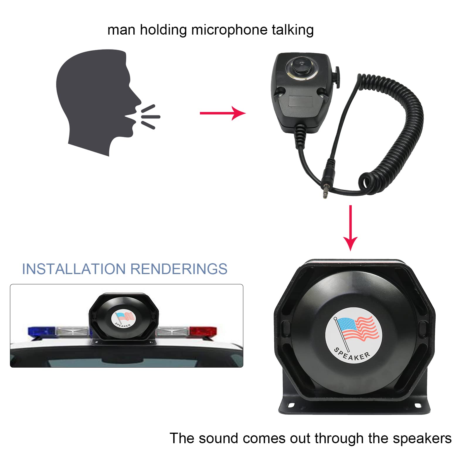 DICMIC Sirena de advertencia de emergencia de 200 W, 8 tonos, sistema de altavoces PA con micrófono de mano y 2 interruptores de control de luces