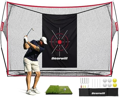 Bearwill Golf Net, 10x7ft Heavy Duty Golf Practice Net with Golf Mat, Target Cloth, 8 Golf Tees, 6 Golf Balls, Carry Bag, Golf Training Net for Backyard Driving Chipping Indoor Outdoor Training