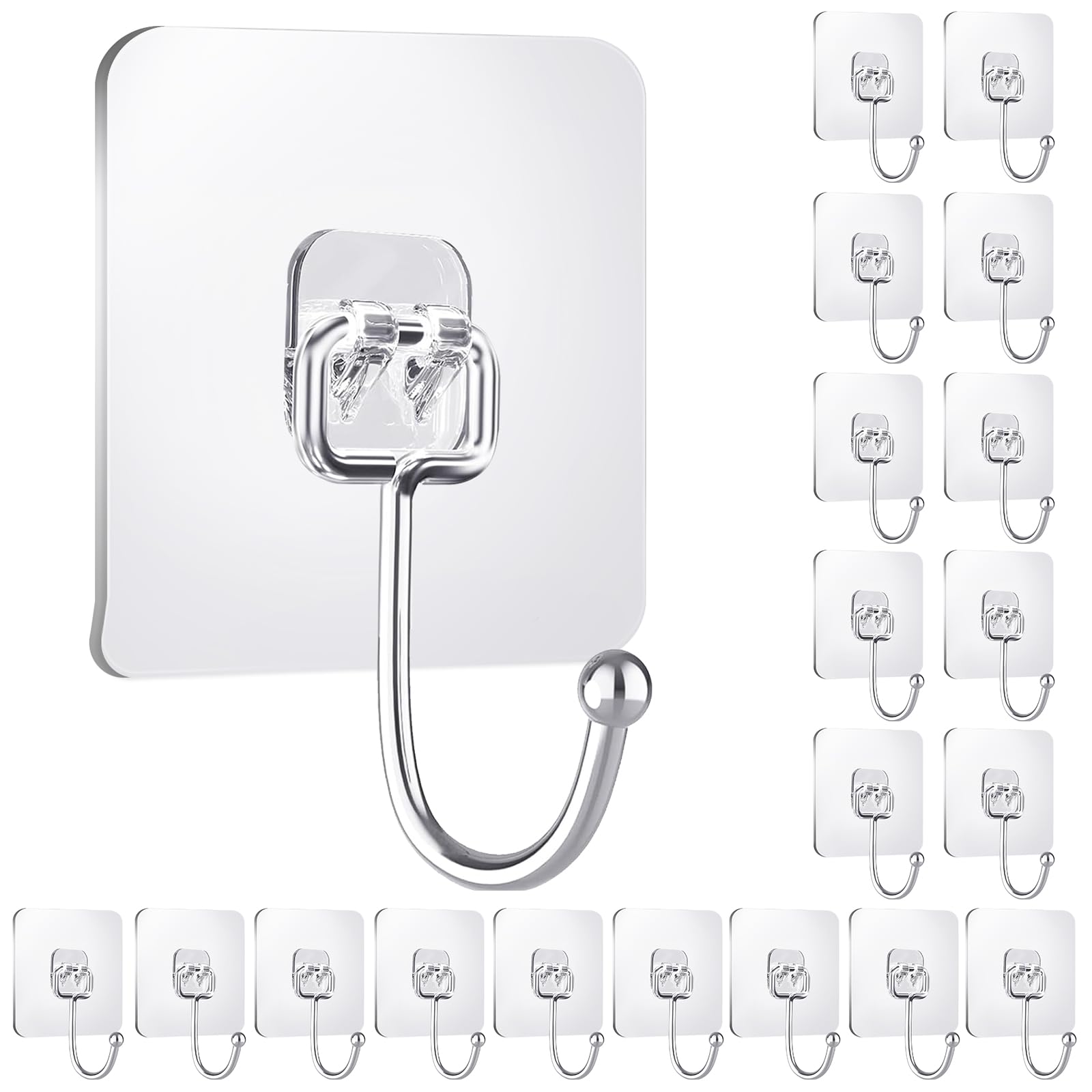 IBERDE Large Adhesive Hooks for Hanging, Clear Wall Hooks Stainless Steel Hook Coat Towel Hooks for Bathroom, Decorative Rack Door Hanger for Home, Drill Free No Damage Utility Hooks (20 Pack)