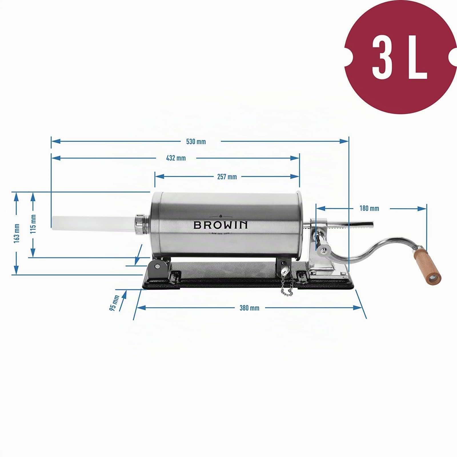 Browin 311003 Insaccatrice orizzontale per salsiccia 3 kg, insaccatrice manuale per salsicce, rigaglie, 4 imbuti di diverso diametro, acciaio inox