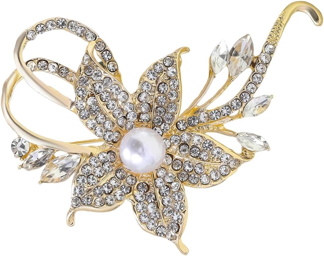 Gold Pearl Crystal Flower Brooch Pin for Women, Boho Vintage Dainty Sparkly Rhinestone 3D Floral Brooch Versatile Statement Lapel Pin Trendy Prom Gifts