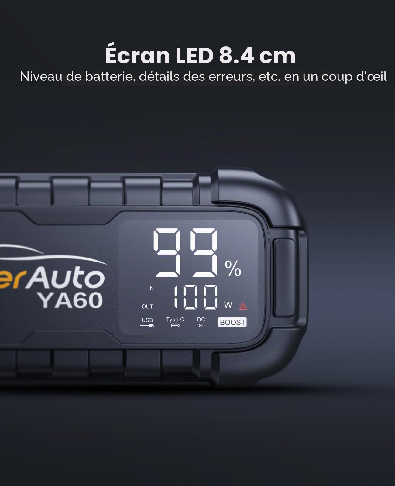 YaberAuto YA60 Batterie de démarrage, à charge rapide, 45 W, avec écran LCD de 3,3", lampe de poche LED 600 lumens, courant de crête 6000 A, pour voiture