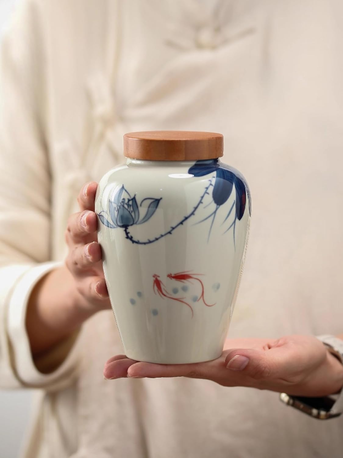 Underglaze Color Hand-drawn Ceramics Tea Caddy, 680ml 23oz, Chinese Style Tea Ceremony Accessories Storage Tank