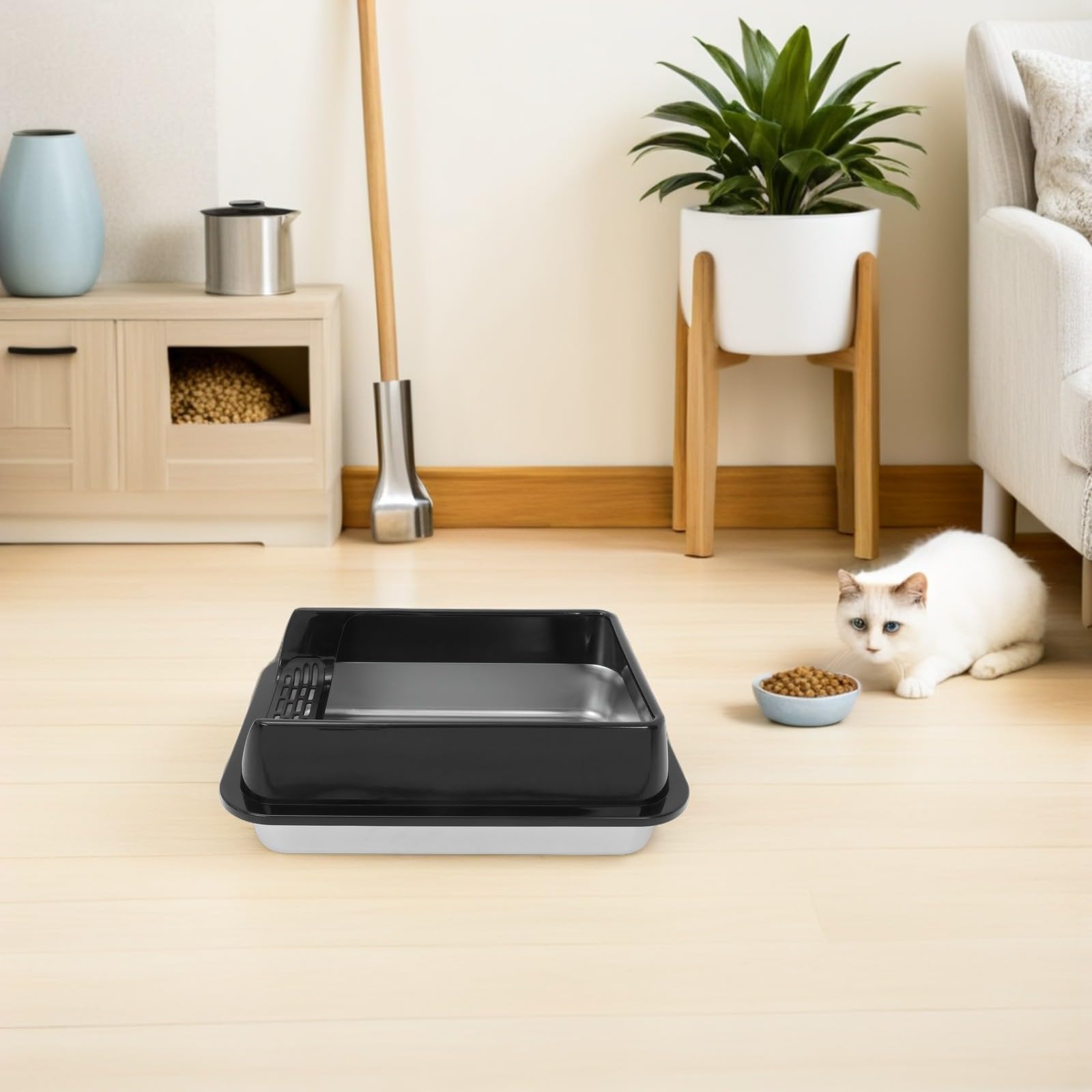 Toddmomy Edelstahl Katzentoilette Schwarz mit Deckel und Schaufel Geschlossene Metalltoilette für Katzen und Kätzchen für Drinnen und Draußen