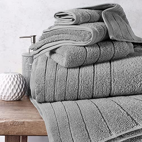 Image of Anne Klein 6-Piece Reverie Towel Set, 2 Bath Towels, 2 Hand Towels, 2 Wash Cloths, 100% Cotton, Light Grey