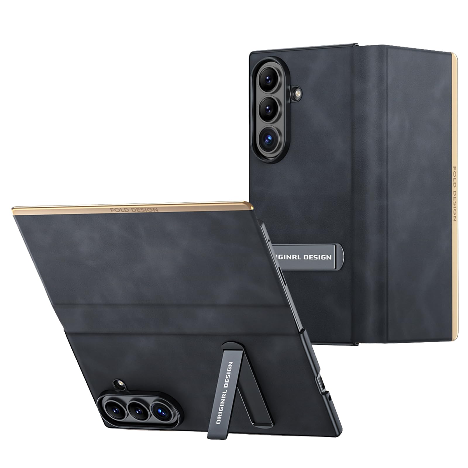 Rabat coque Samsung Galaxy Z Fold 8 Ultra cuir noir avec support et bordure dorée