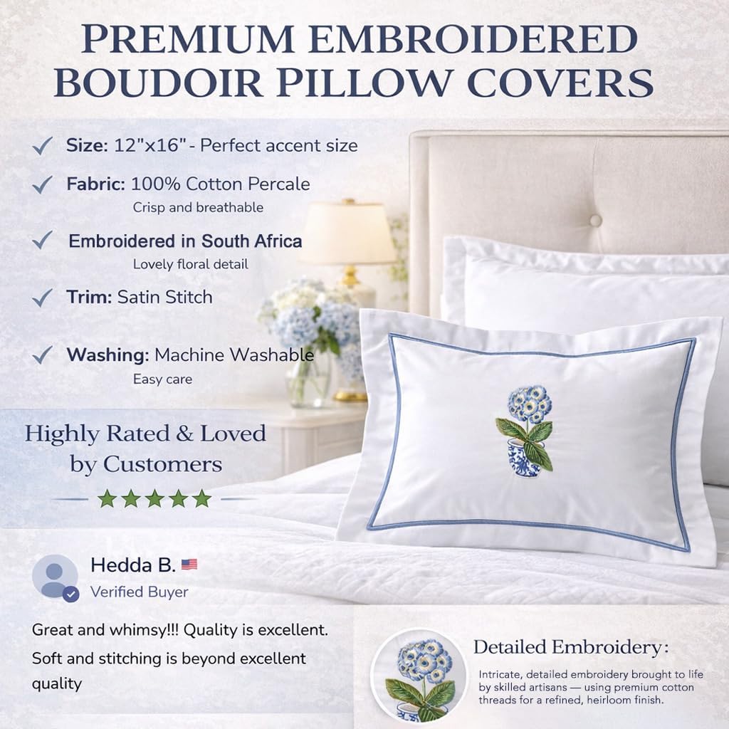 Jacaranda Living Embroidered Boudoir Decorative Throw Pillow Covers, 100% Cotton for Couch, Bedroom, Home & Lumbar Support (Hydrangea Too (Light Blue))