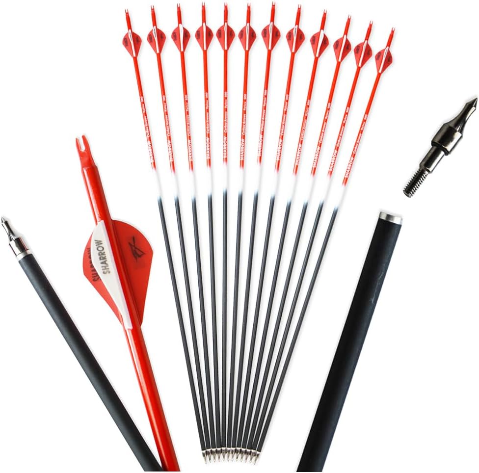 12Pcs 31.6inch Archery Carbon Arrows Spine 500 Shaft 100Grain Arrowhead 2inch Vanes OD 7.8mm for Bow Target Shooting Practice