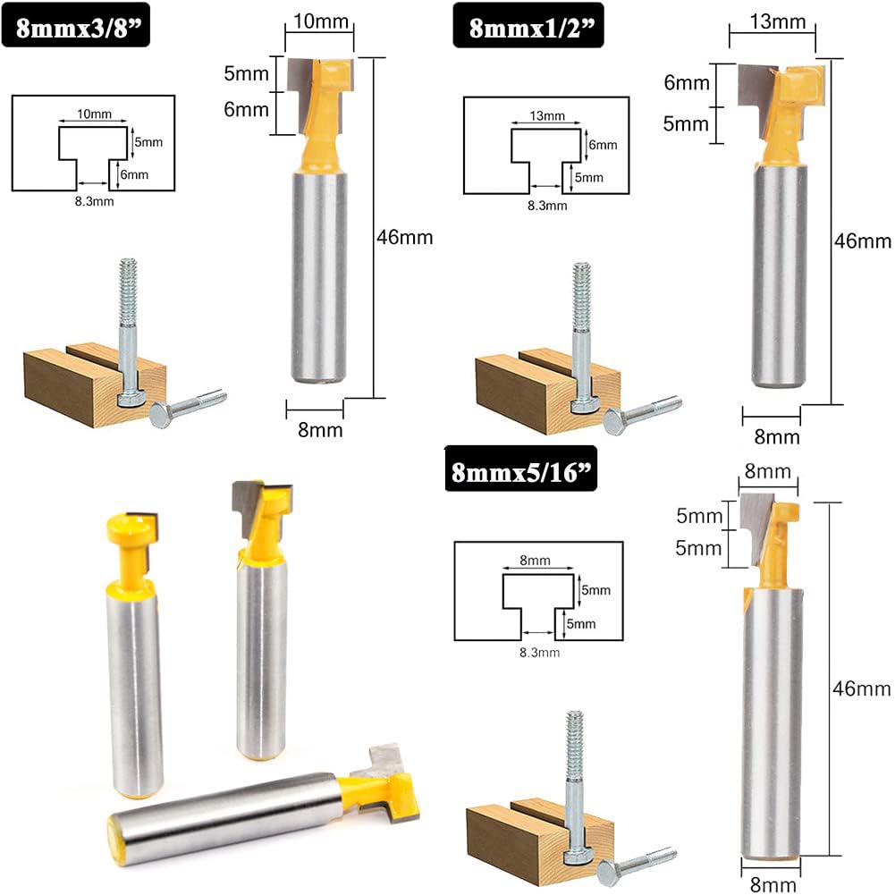 Fresa Scanalatura Router Bit Set, 3 Pezzi 8mm Gambo Fresa Set, Punte per Falegnameria Fresa di Legno, Codolo T-Slot Router Bit Cutter, per Strumenti di Lavorazione del Legno