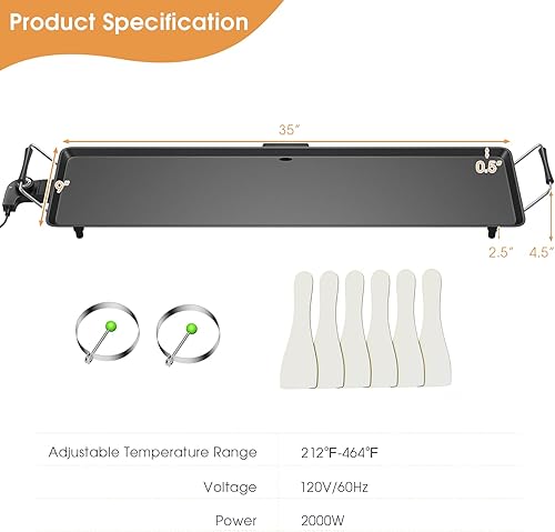 Miniatura 9 de Parrilla eléctrica de 35 pulgadas, extra grande con superficie de cocción antiadherente, parrilla de mesa de 2000 W con temperatura ajustable y