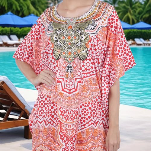 Image of Miss Lavish London Kaftan Dresses for Women Beach Coverups Plus Size V Neck Summer Caftan Maxi Dress, Red African Print Resort Wear with Batwing Sleeves, Side Slit & Pockets on Both Sides-Red-XL