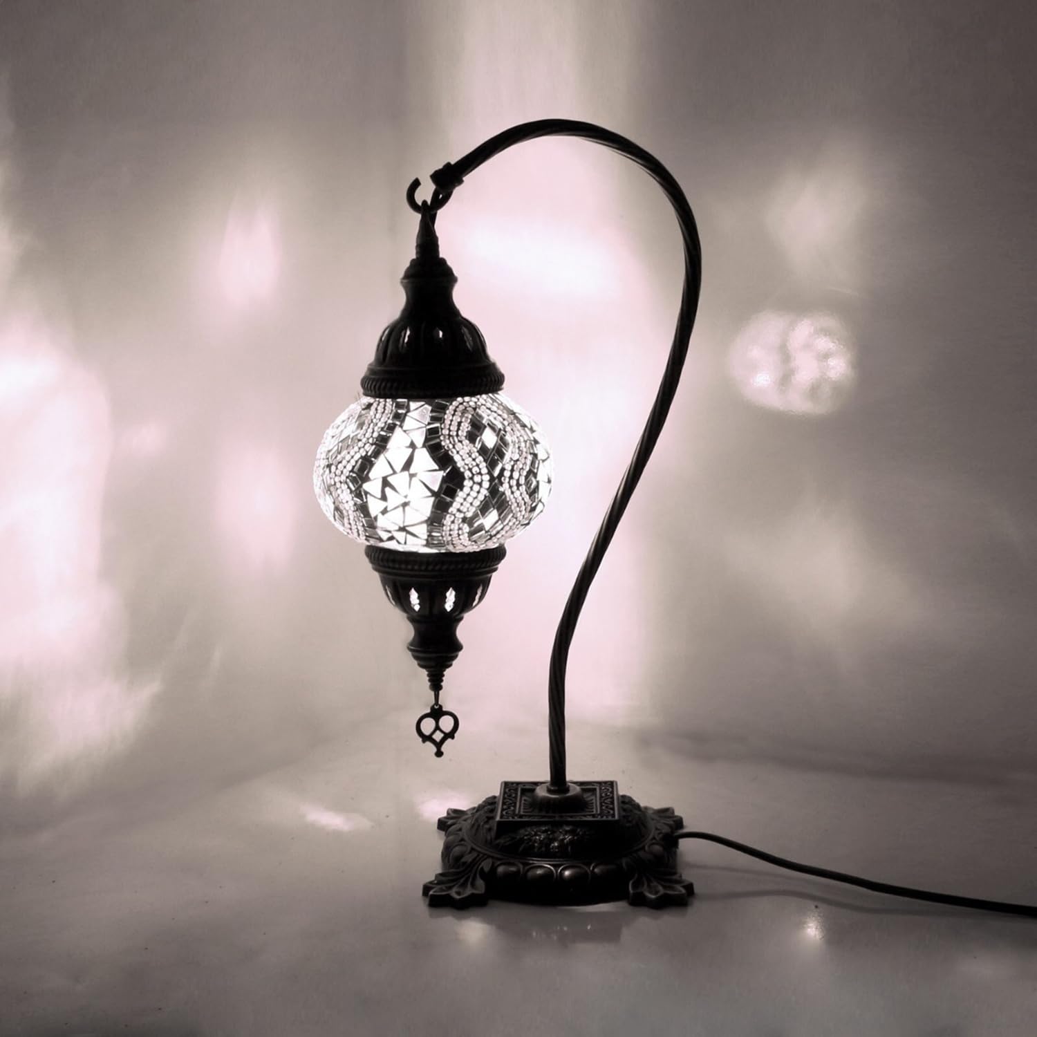 ENVA Turkish Moroccan Style Mosaic Multicolour Desk Table Lamp Handmade Tiffany Swan Neck Lamp Light (White Mirror)