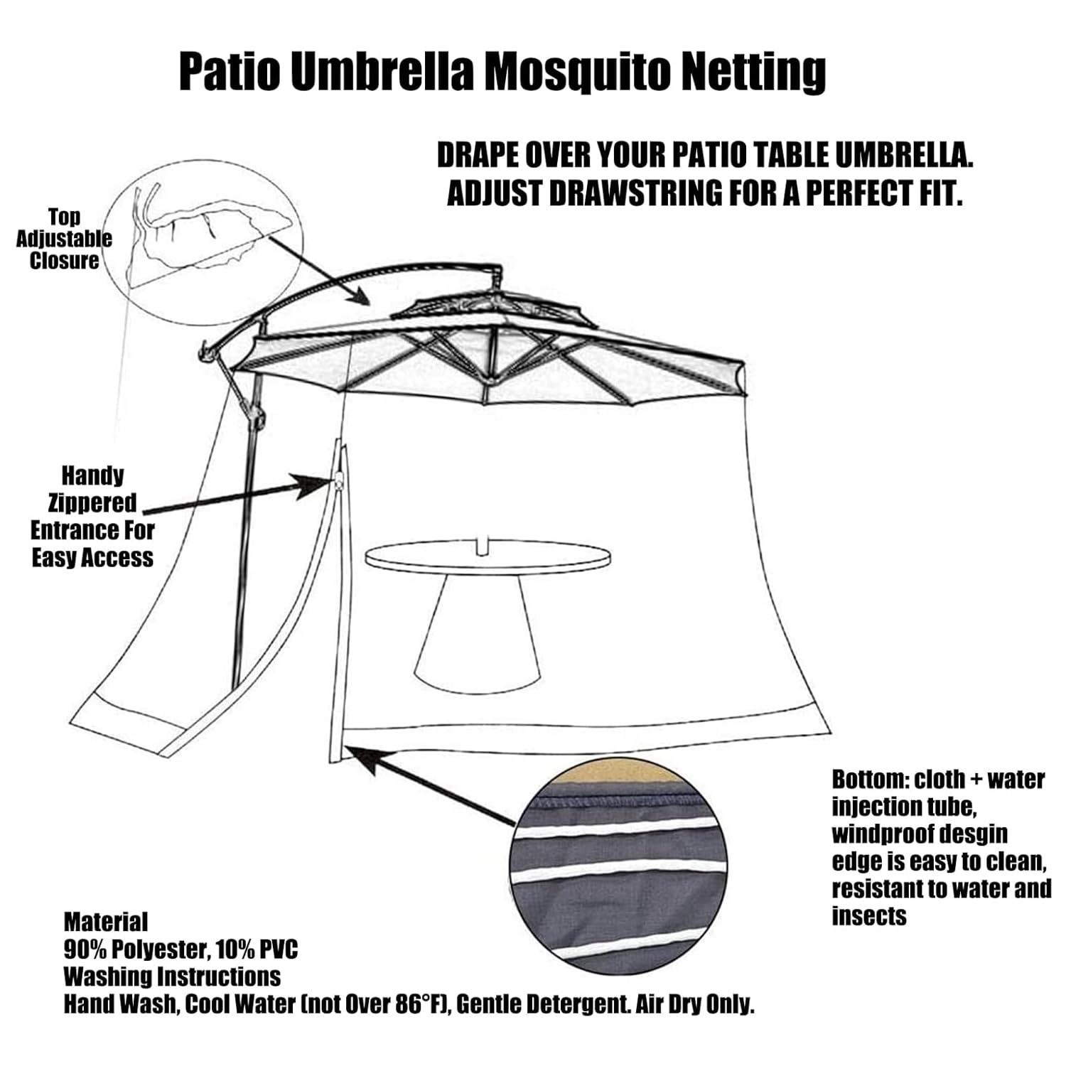 Zanzariera per Ombrellone 3x3, Rete Antizanzare per Ombrellone da Giardino Esterno, Universale Regolabile Schermo con porta a cerniera per Gazebo Ombrelloni tavoli da patio, AntiVento (Nero)