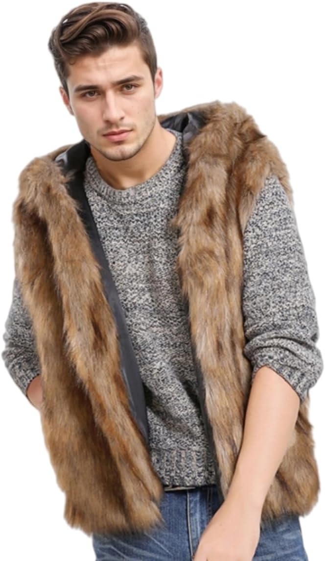 AMTFBY Men's Warm Faux Fur Hooded Waistcoat Short Vest Jacket Coat Sleeveless Outwear