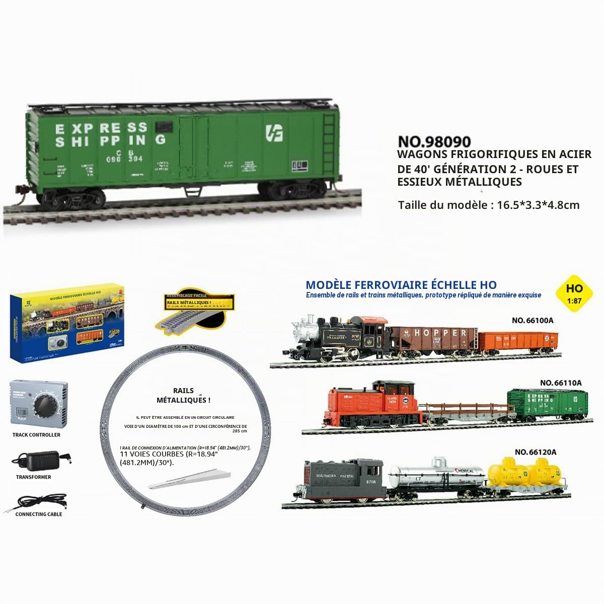 YUTT 1/87 HO Ensemble de locomotive à vapeur – Train électrique complet avec contrôle de vitesse réglable, rails métalliques et voitures cargo pour adolescents et adultes
