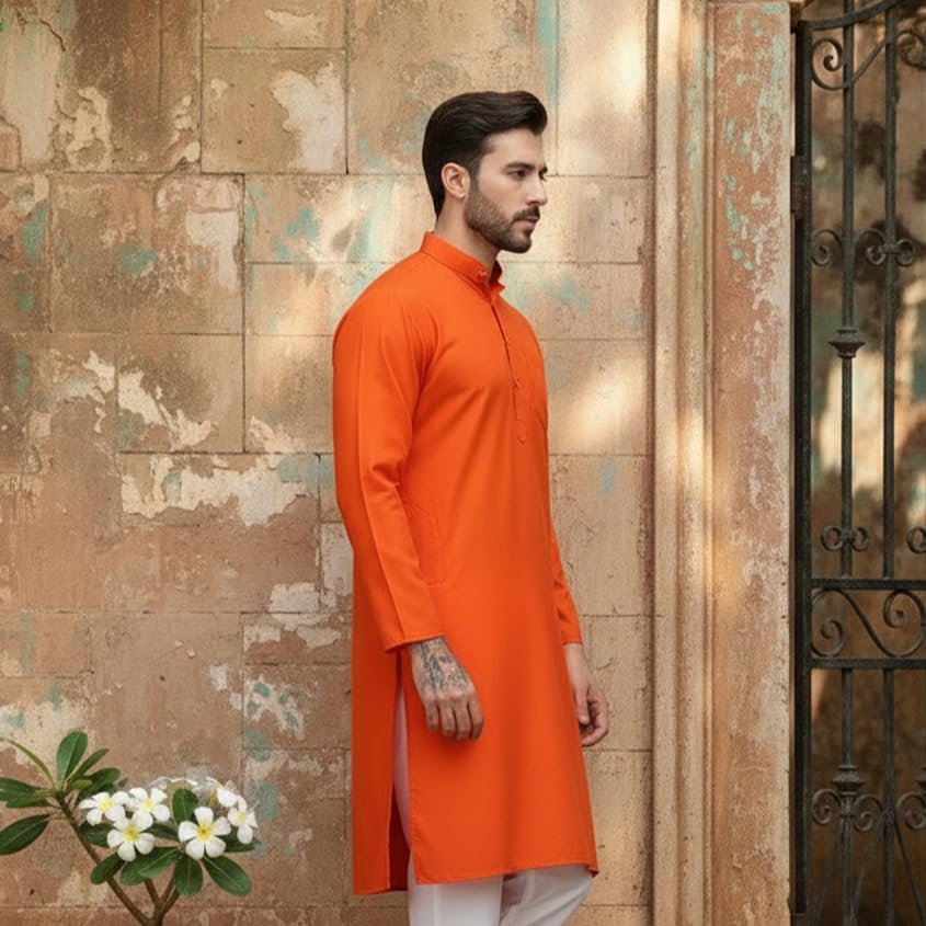 Image of Men's Cotton Blend Blend Knee Length Solid Color Style Stright Long Mandrin Collor Ethnic Casual Wear Kurta Only