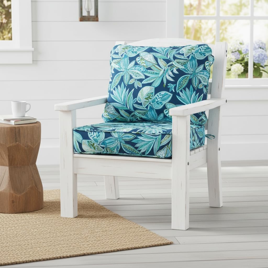 Outdoor Deep Seat Cushion Set 24x24 Seat + 28x22 Back – Dacron Wrapped Foam Core, Removable Zipper Seat Cover, Corded Trim, Patio Lounge Replacement Cushion with Ties, Botanical Crestwood