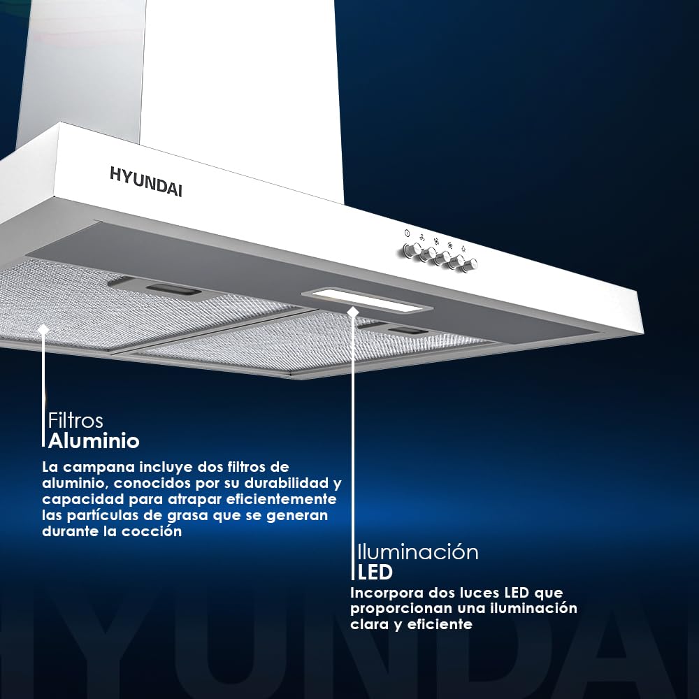 Hyundai Campana Extractora Tipo T 60cm Inox HCPT600BX. Potencia 66,5m3/h, Tiro Doble, 3 Velocidades, Control Manual, Filtro apto para Lavavajillas.