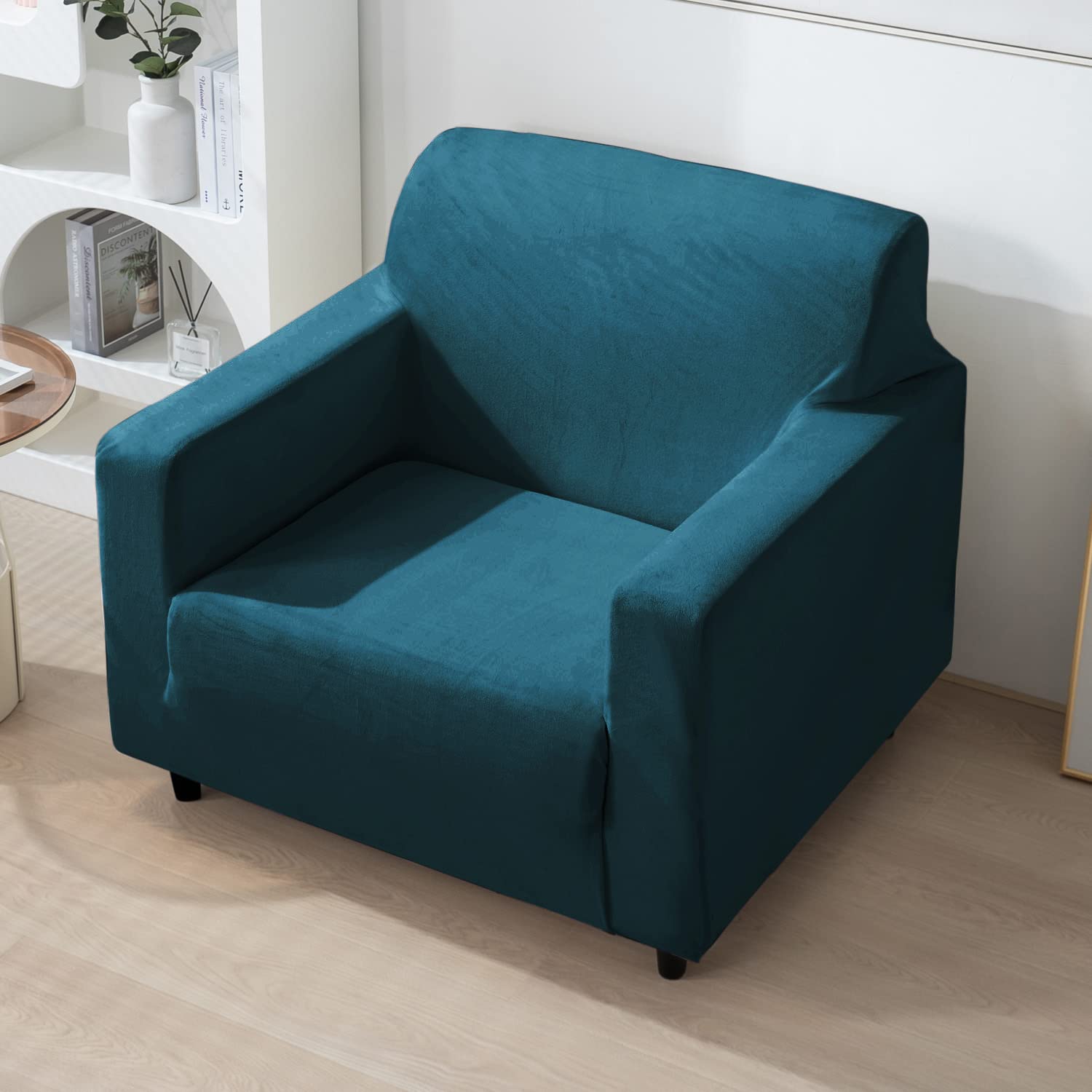 HOKIPO200 GSM Premium Velvet Sofa Cover 1 Seater Fully Covered, Peacock Blue (AR-4736-PBLU)