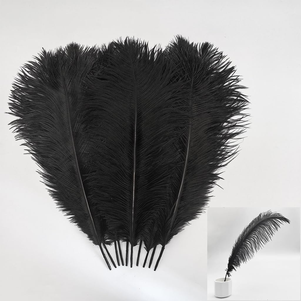 LONDGEN 10pcs Natural Ostrich Feathers Plumes 14-16inch(35-40cm) for Craft Flower Arrangement Wedding Decoration and Halloween Party (Black)