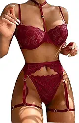 Gargantilha sexy floral renda com aro push up cinto liga conjunto de lingerie para mulheres sutiã transparente e calcinha, Vermelho, XGG