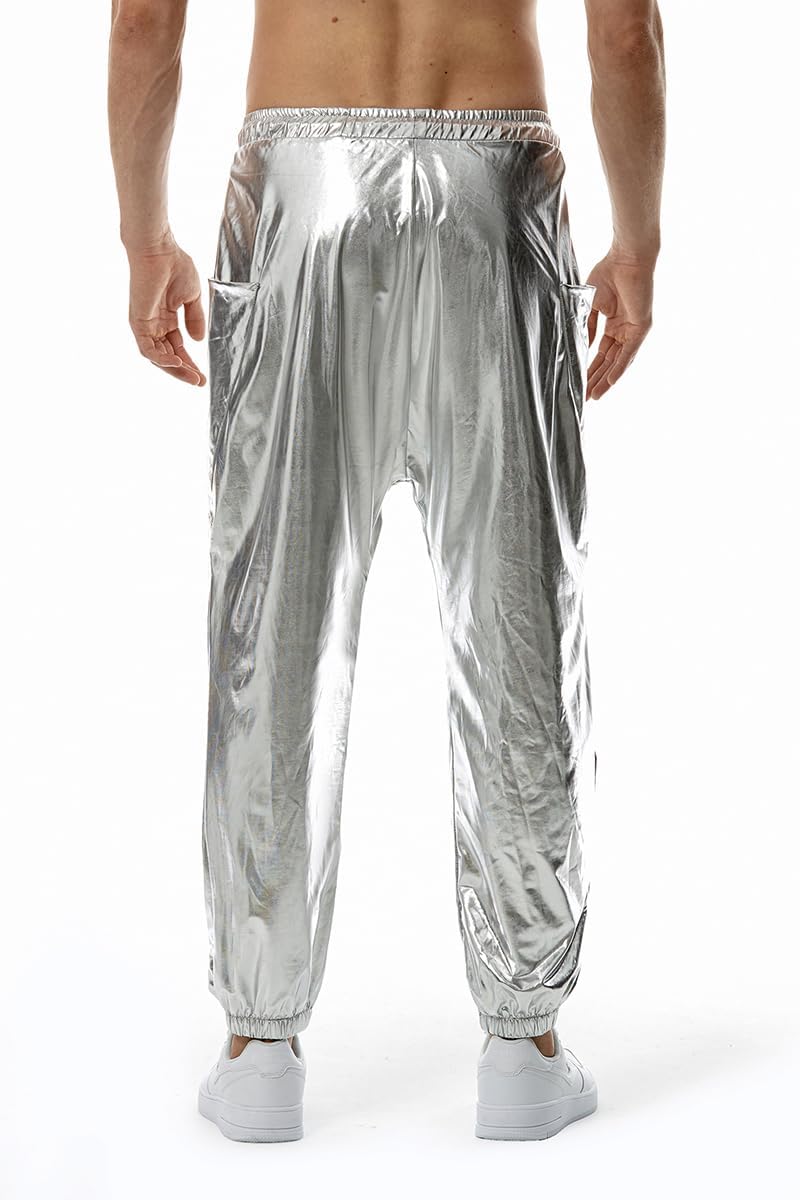 GRAJTCIN Mens Metallic Disco Pants - 70s/80s Sequin Drawstring Waist Party Club Rave Shiny Jogger - Image 4