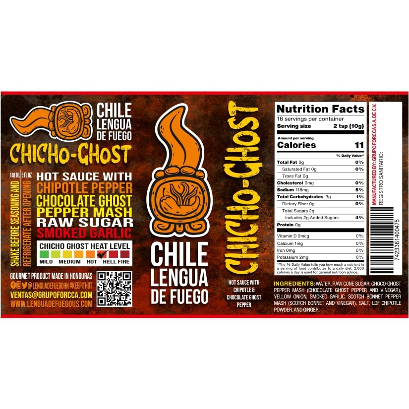 Miniatura 4 de Chile Lengua de Fuego Chicho-Ghost Salsa picante  1 botella  Salsa picante hondureña artesanal con pimiento fantasma, chipotle y bonete escocés