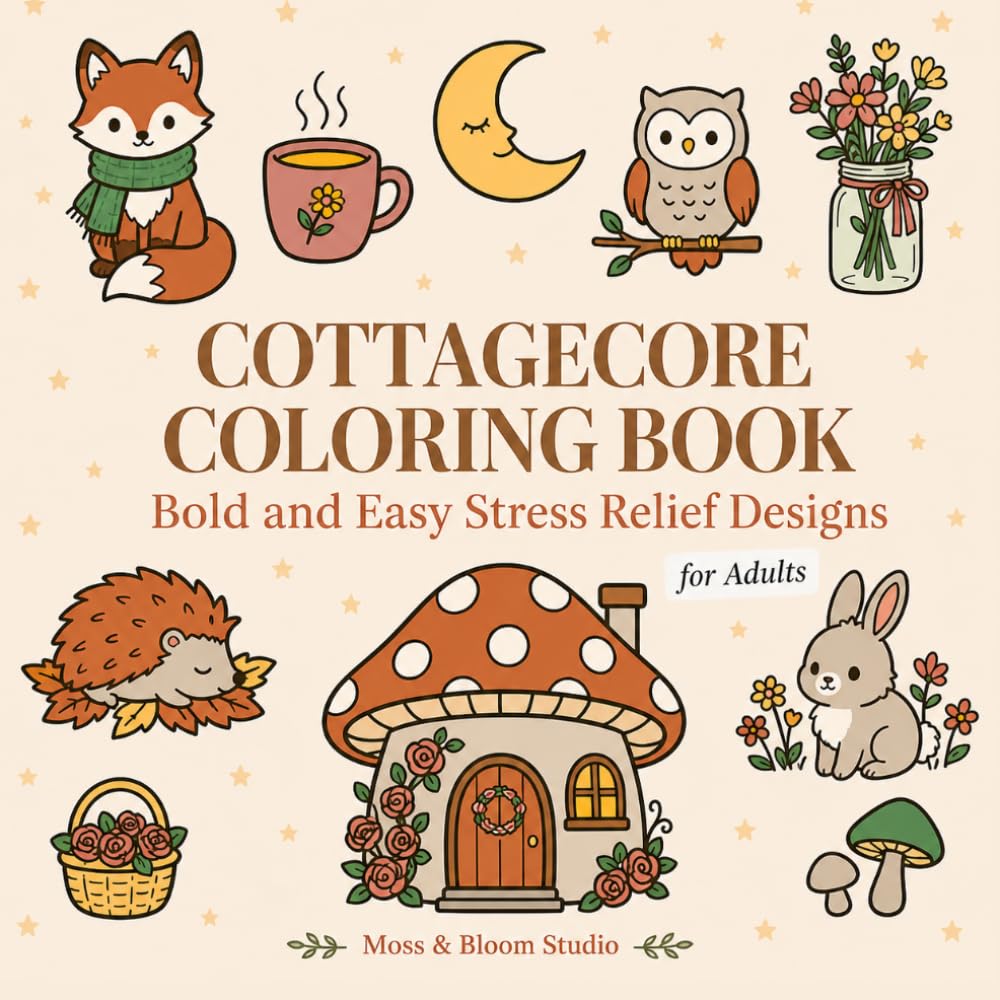 Cottagecore Coloring Book for Adults: 52 Bold and Easy Designs for Relaxation: Cozy Stress Relief Coloring Book with Cute Animals, Flowers, and Simple ... (Moss & Bloom Cozy Coloring Collection)