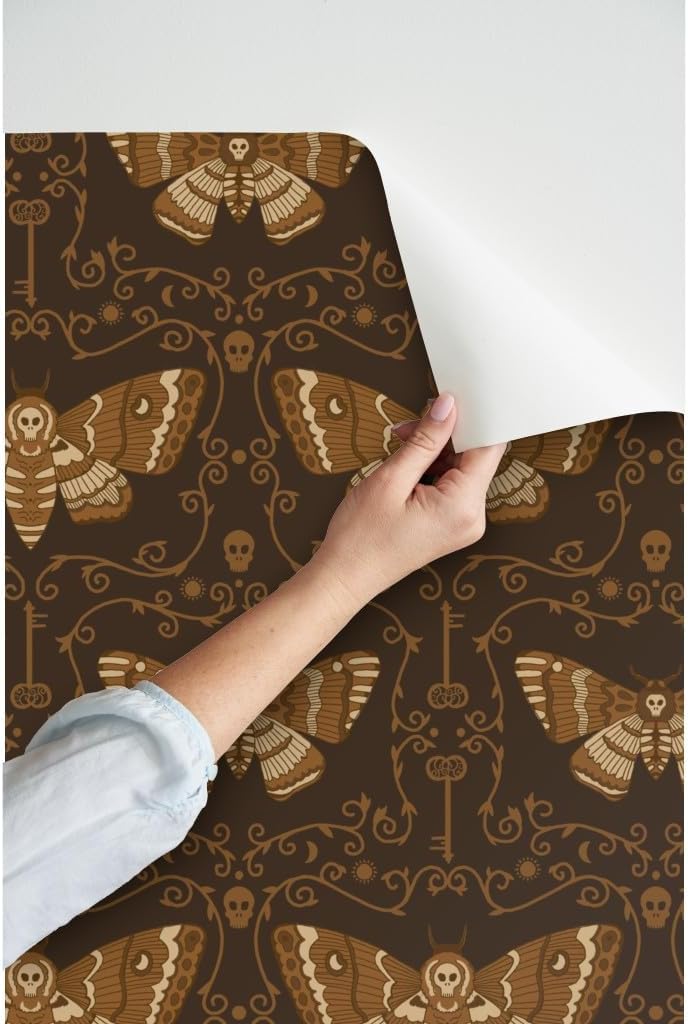 Spoonflower Peel & Stick Wallpaper 3ft x 2ft - Dark Academia Moth Brown Spooky Lunar Forest Custom Removable Wallpaper