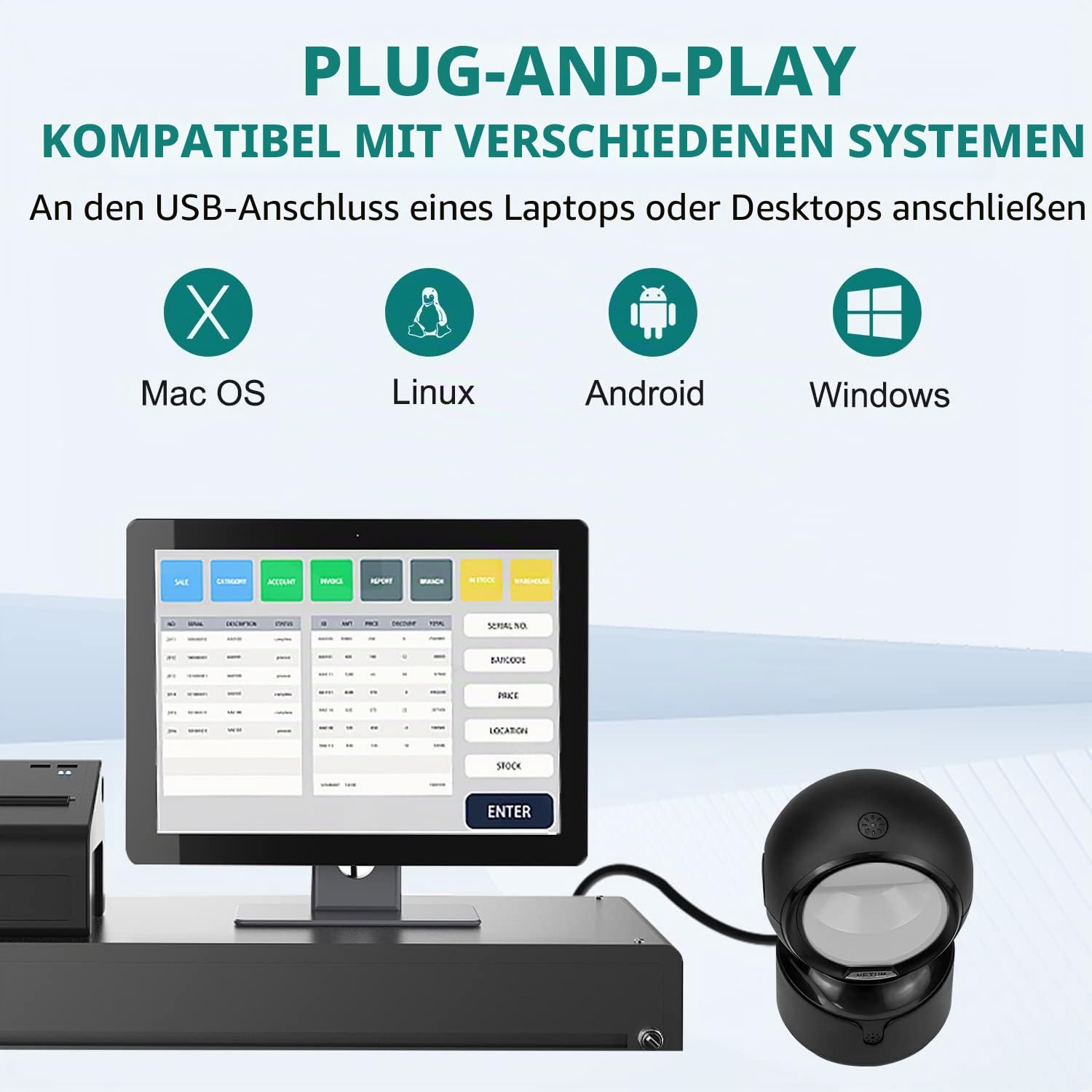 NetumScan omnidirektionaler Desktop Barcode Scanner NSA5, kabelgebundener USB 1D-2D QR Barcode-Leser