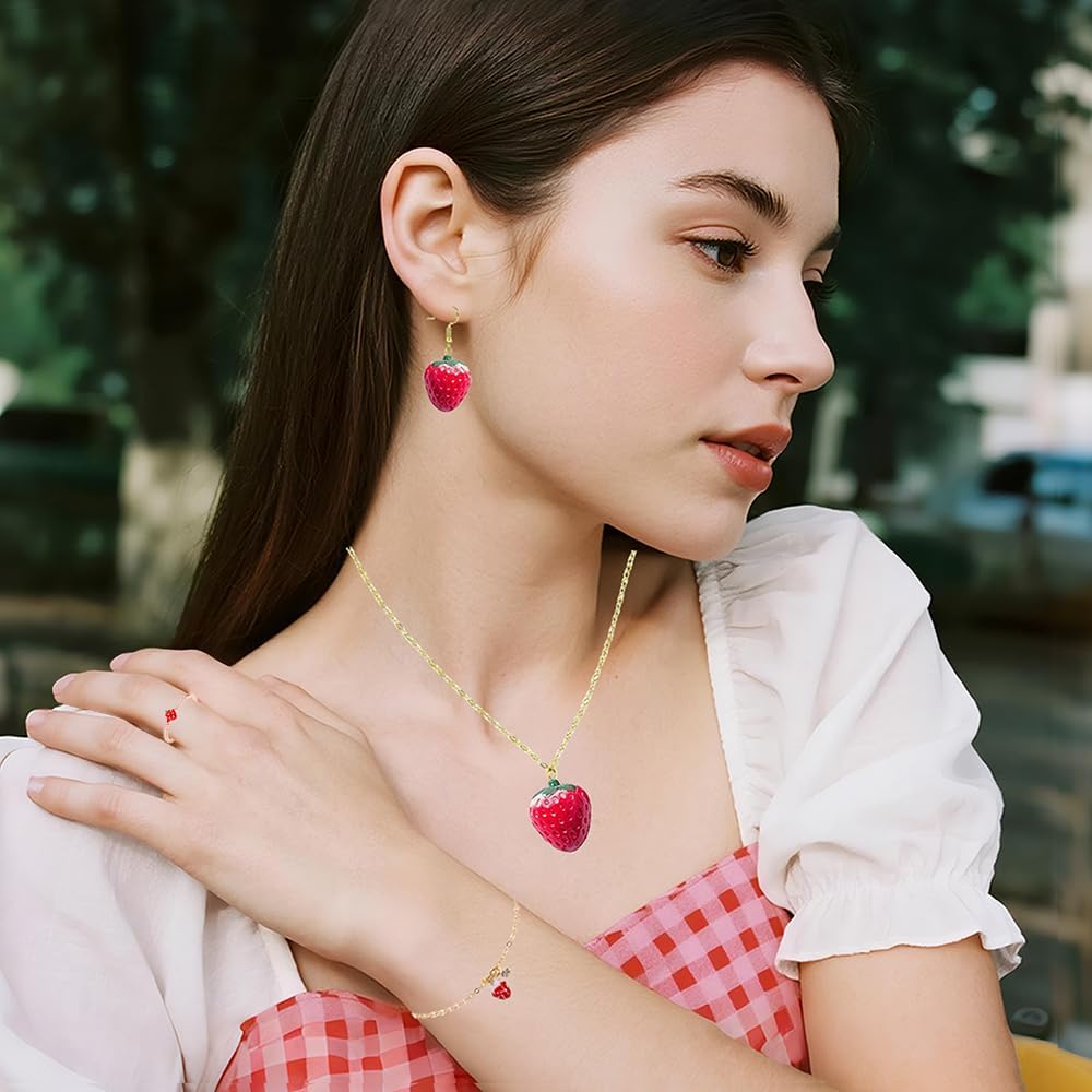 Strawberry Jewelry Set for Women 3D Simulation Strawberry Necklace Earrings Cute Red Strawberry Necklace Earrings Bracelet Ring Sweet Fruit Jewelry Set - Image 2
