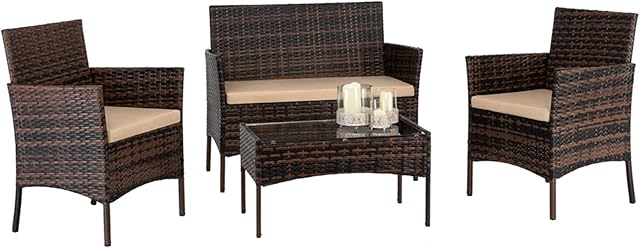 Bonnlo 4PCS Garden Table and Chairs Set, Outdoor Sofa Rattan Garden Furniture Garden Table and Bench Set Conversation Set for Yard,Pool or Backyard (Classic Brown)