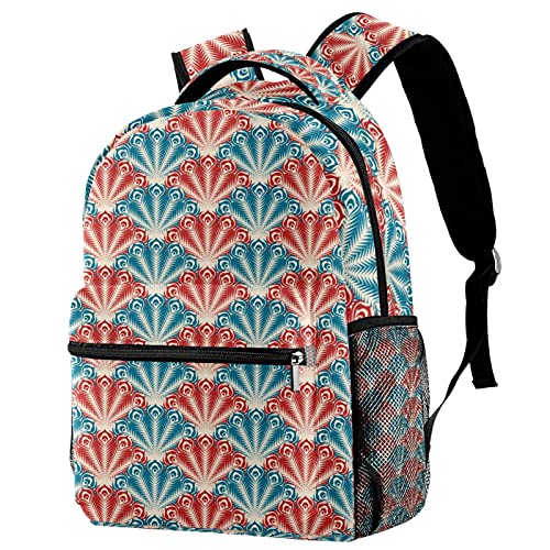 Sac à dos de voyage sans couture à motif plumes de paon rouge et bleu avec porte-bouteille