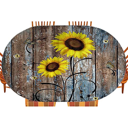 Esfvrg Sunflower Oval Fitted Tablecloth, Rustic Yellow Flowers On Brown Barn Door In Farmhouse In Autumn, For Kitchen Dining, Party, Holiday, Christmas, Buffet, Fits 48" X 72" Table #TOP11