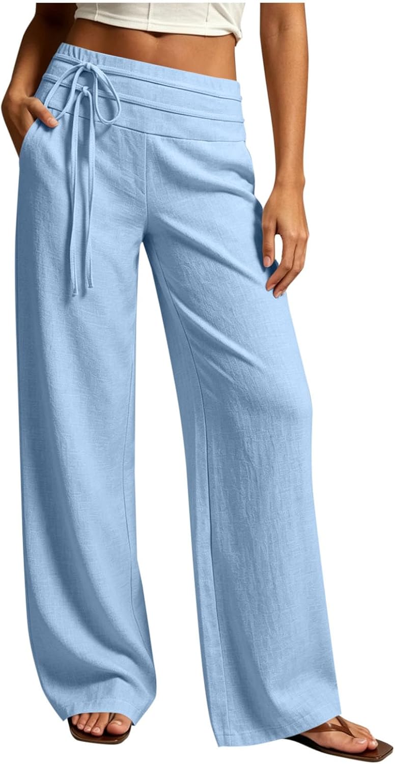 Casual Linen Pants for Women Pull On Wide Leg Palazzo Trousers Summer Beach Vacation Travel Pants with Pockets