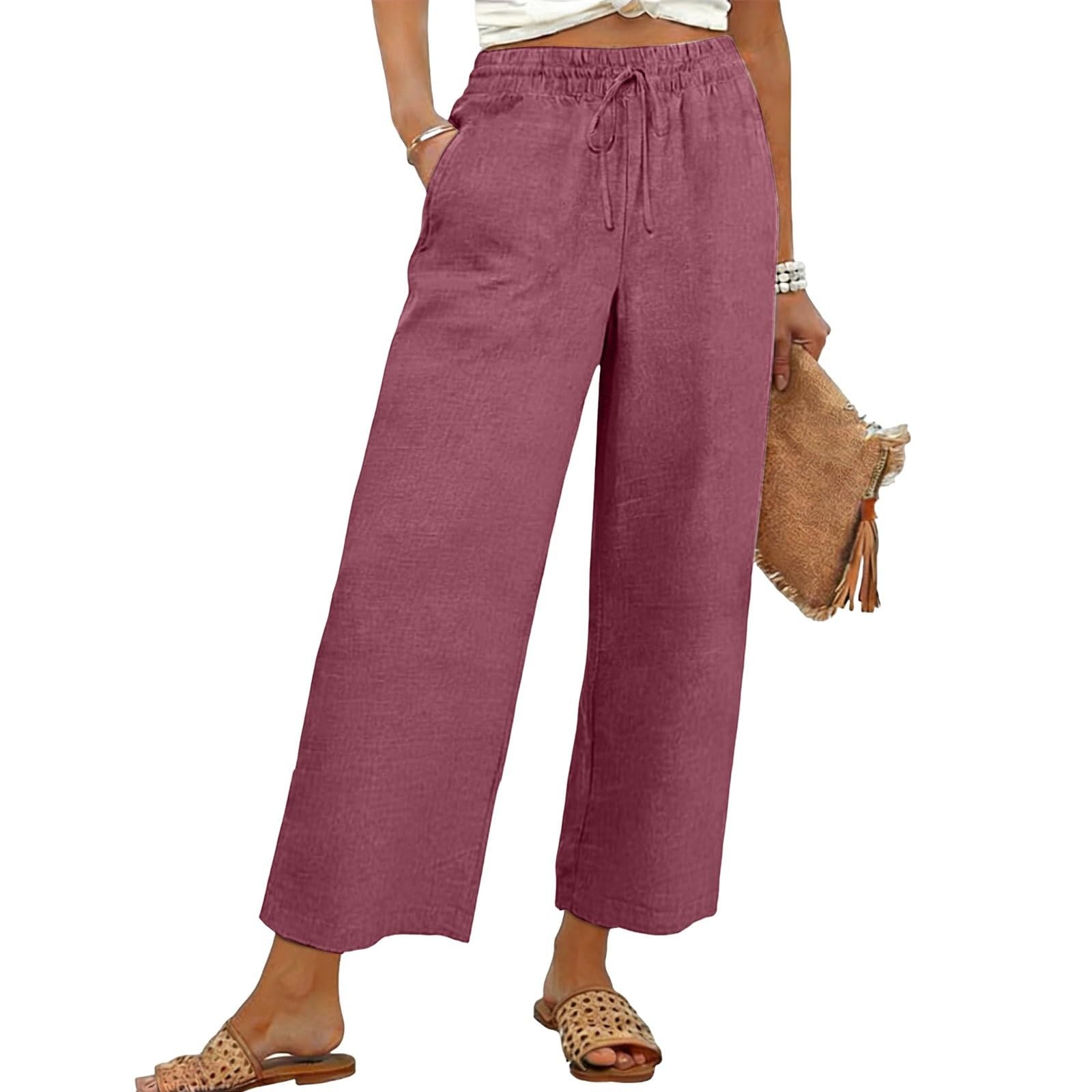 Generisch Pantalon d'été en lin aéré pour femme, jambes larges, taille haute, jambe droite, pantalon d'été avec poches, pantalon palazzo ample, pantalon culotte, pantalon avec cordon de serrage