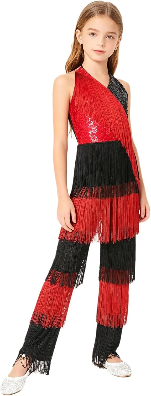 ACSUSS Girls Sequin Retro Disco Costume 70s Hippie Star Dancewear Halter Neck Sleeveless Fringed Tassels Jumpsuit Red 16 Years