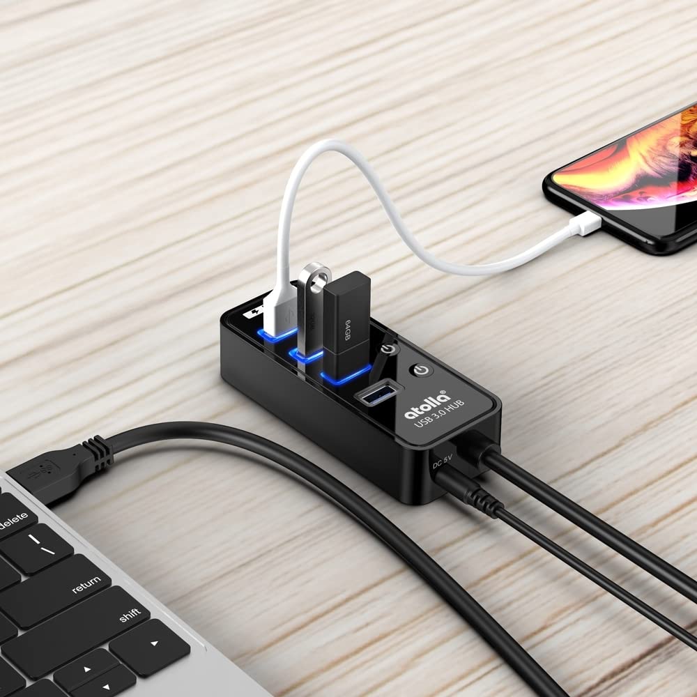 Atolla Hub USB 3.0 4 Ports avec commutateurs Marche/arrêt et Adaptateur d'alimentation