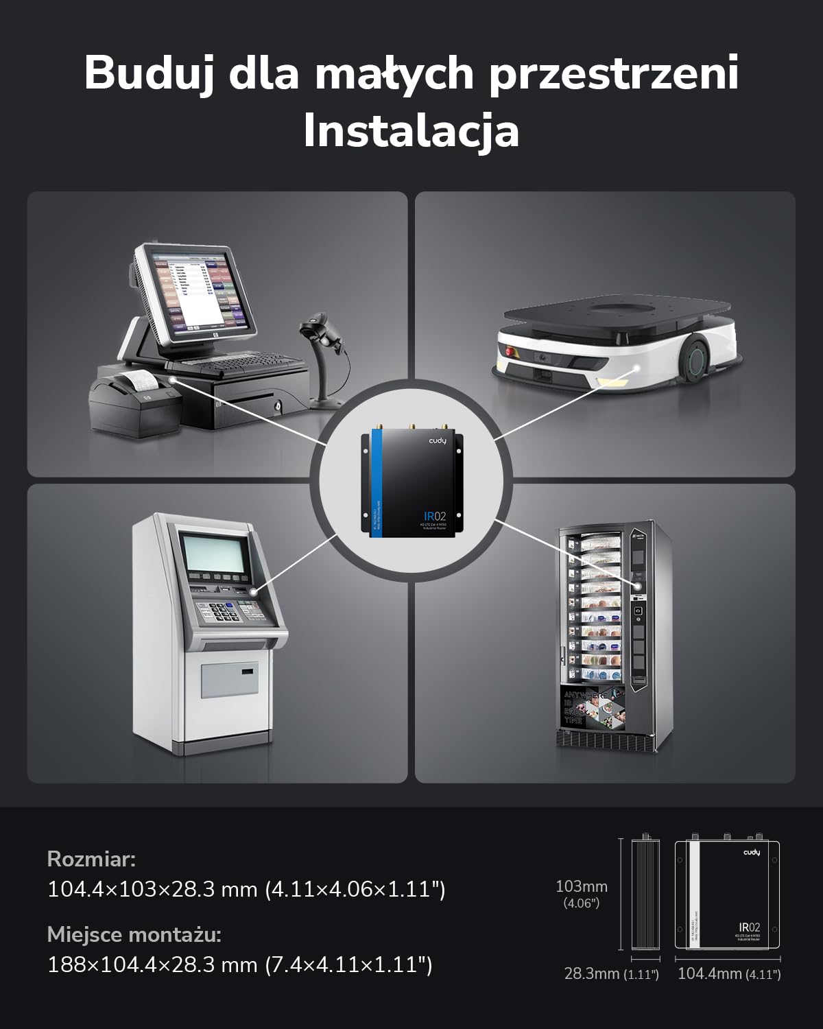 Cudy Przemysłowy router WiFi 4G LTE Cat4 N150, Dual SIM router komórkowy z RS232/RS485 i IO, szeroka temperatura -40~75°C, metal IP30, do automatów sprzedających, bankomatów, sklepów, urządzeń IoT
