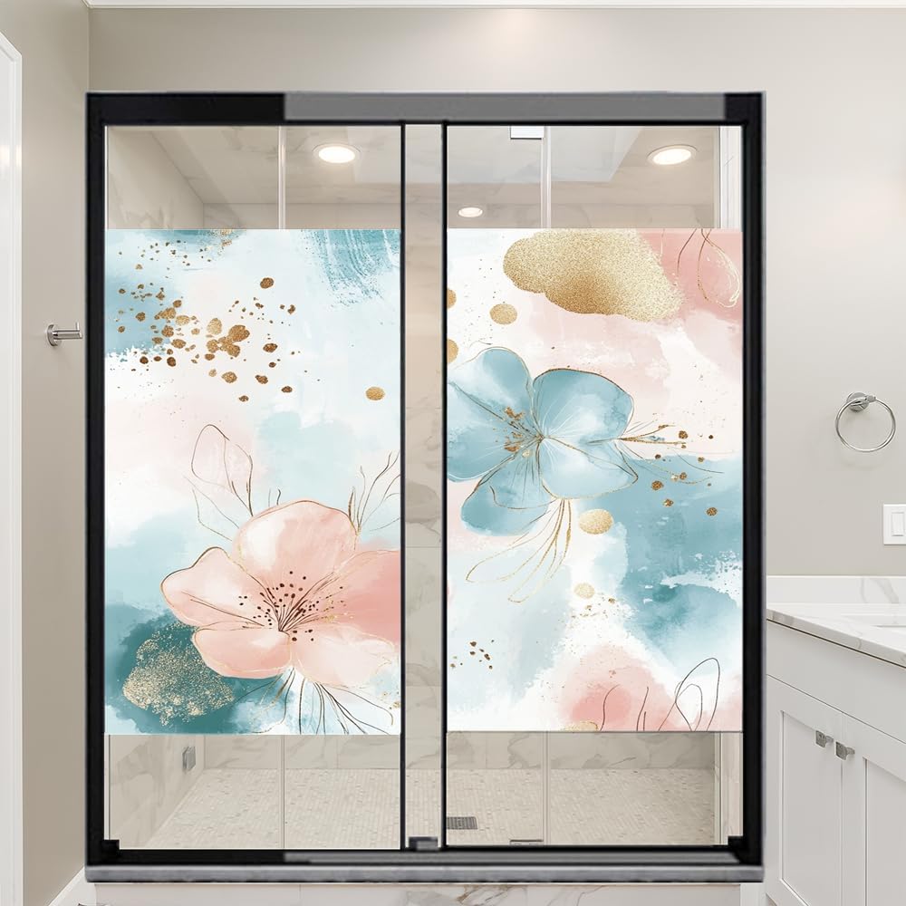 Beautiful Flowers Window Film Privacy Abstract Floral Gold Painting Decorative Stained Glass Decal for Home, Adhesive Window Sticker 35.4Wx63L inch x 2pcs