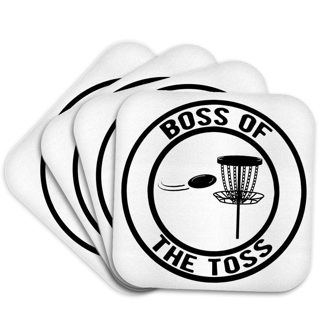 Set of 4 Coasters - Soft - Boss of The Toss in a Circle with disc Golf Basket and disc on White. Stamp City - Typography - disc Golf